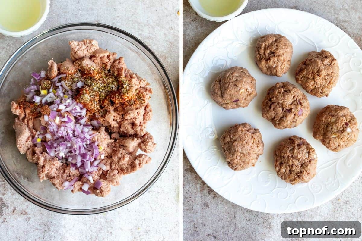 Signature Turkey Smash Burgers 4 Glass mixing bowl containing ground turkey and seasonings, with small prepared meatballs on a white plate, ready for smashing.
