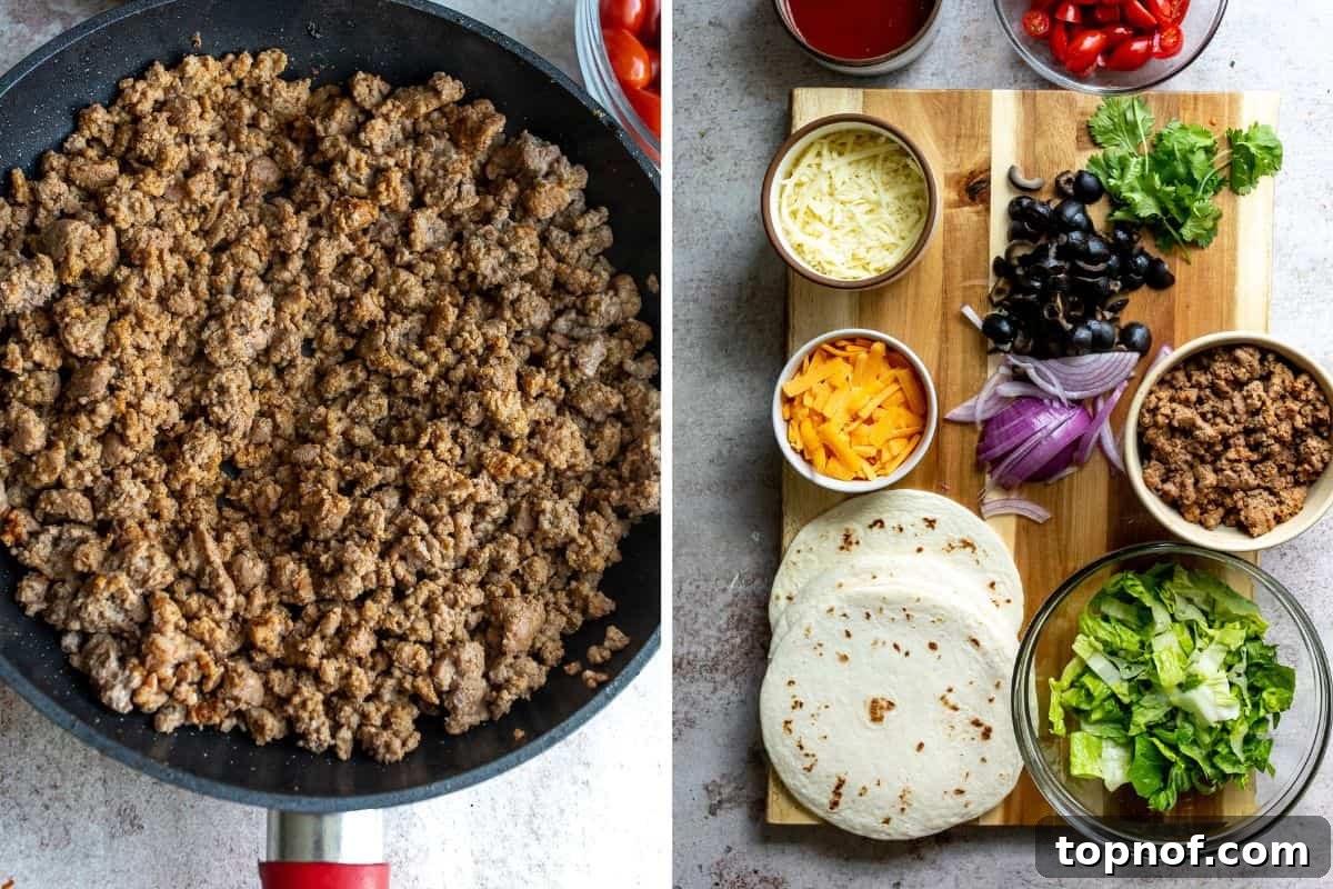 Tex-Mex Pizza 4 A black skillet filled with browned ground beef next to a cutting board with freshly chopped vegetables for pizza toppings.