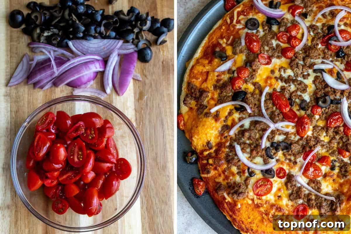 Tex-Mex Pizza 5 A cutting board laden with fresh pizza toppings, including chopped tomatoes, onions, and olives, alongside a prepared pizza.