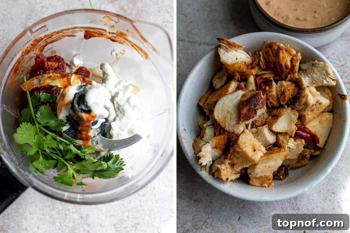 Chipotle Chicken Fiesta Bowl 5 A small food processor blending ingredients for chipotle crema.