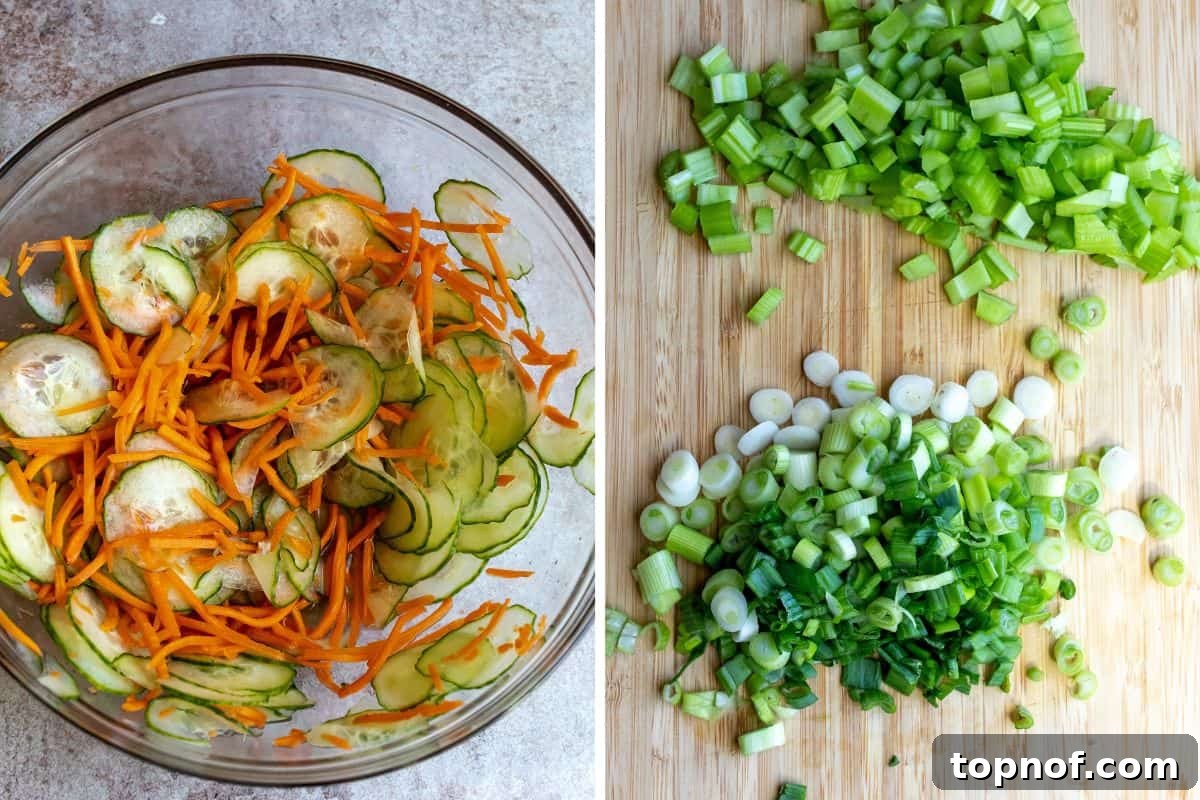 Sweet & Spicy Korean Ground Turkey 4 Cucumber and carrot salad in a clear glass bowl, marinating.