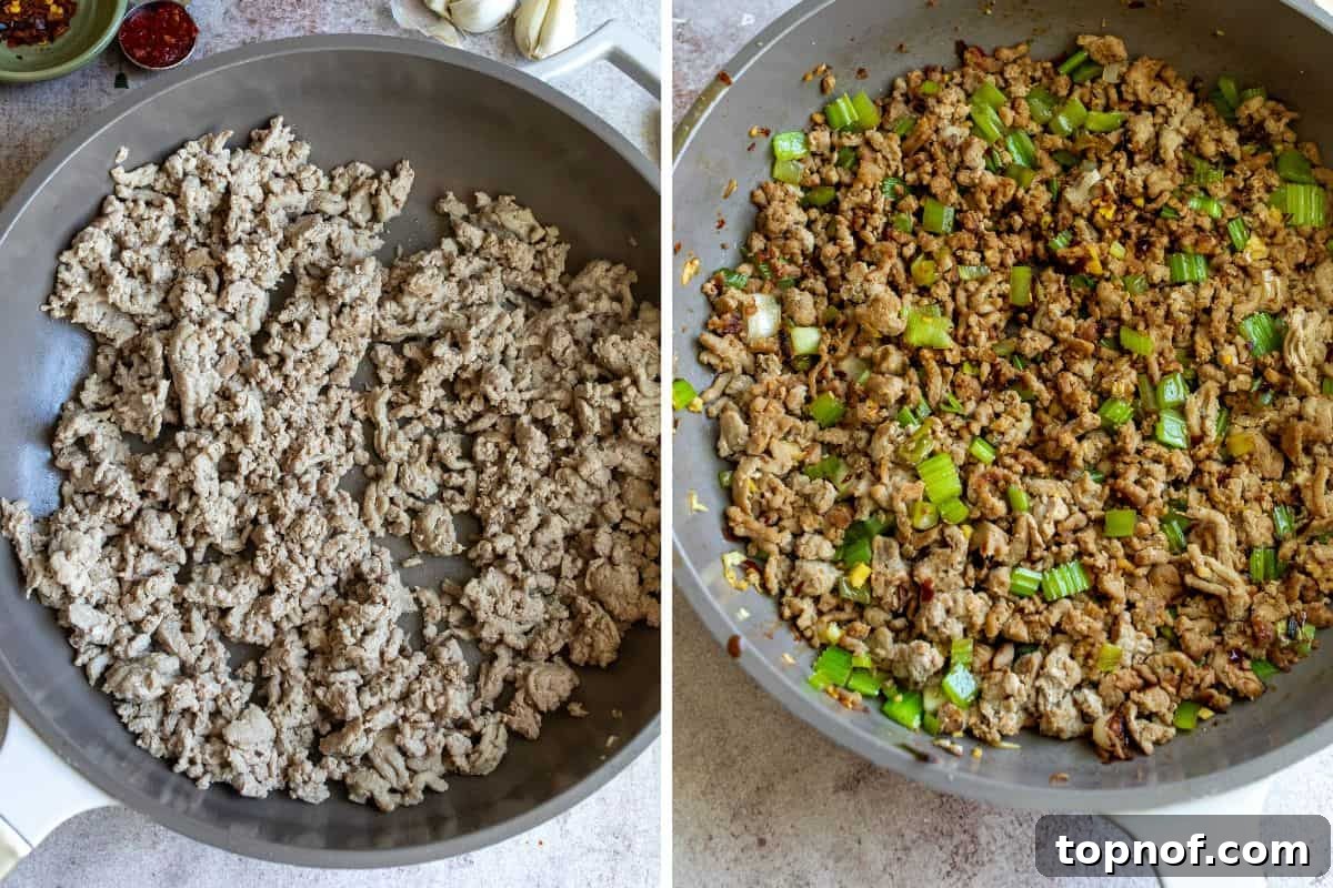 Sweet & Spicy Korean Ground Turkey 5 Ground turkey browning in a skillet with aromatics.