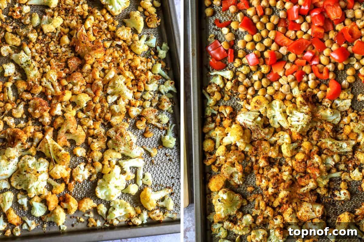 Plant Powered Shawarma 4 Chopped veggies on a baking sheet with lots of seasoning.