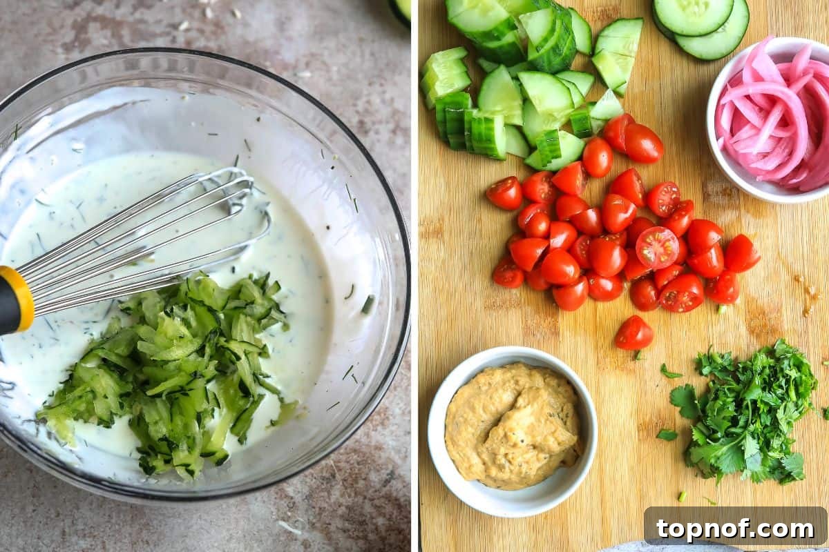 Plant Powered Shawarma 5 Glass bowl with tzatziki sauce and chopped veggies on a cutting board.