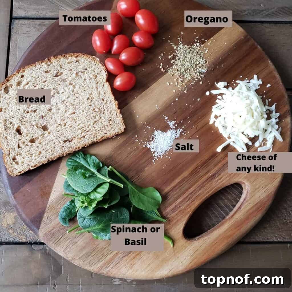Ultimate Pizza Toastie 3 Assortment of fresh ingredients for pizza toast including various cheeses, bread, tomatoes, and herbs.
