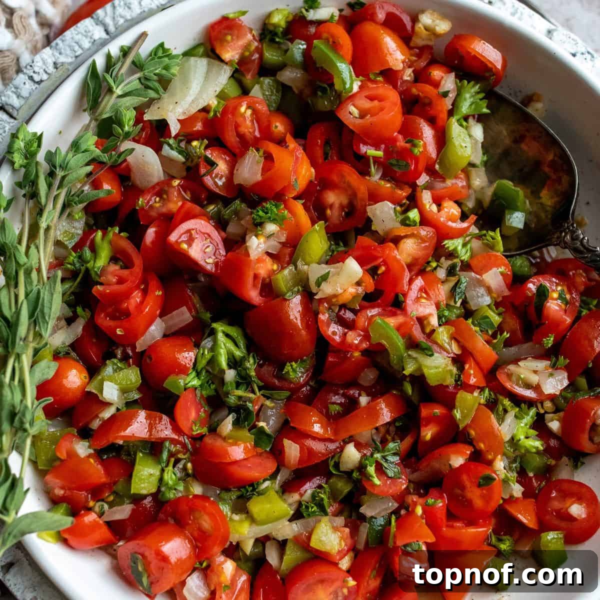 Sun-Kissed Tomato Condiment 6 Up close photo of vibrant tomato relish in a bowl with fresh oregano sprigs on the side and a silver serving spoon.