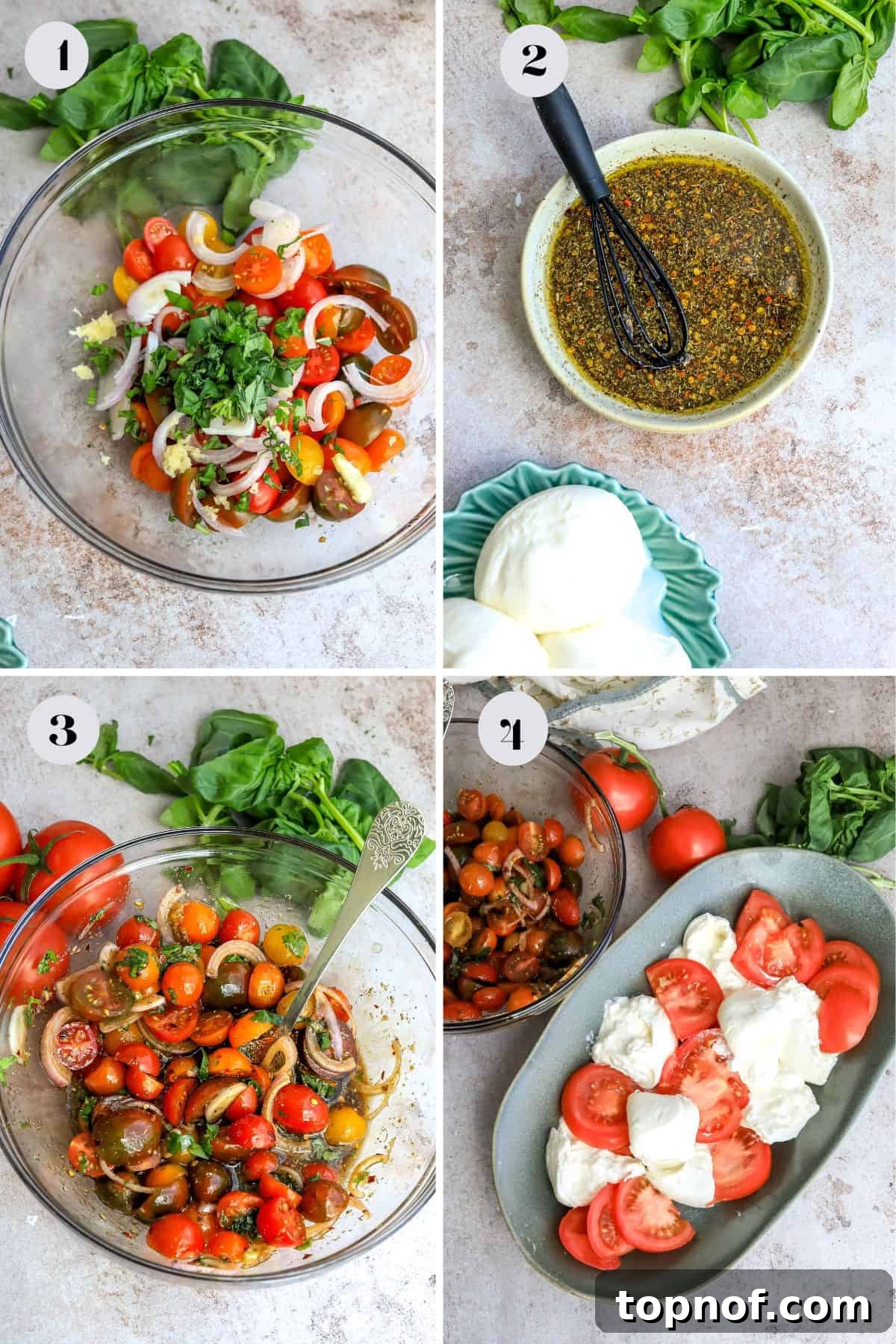 Creamy Burrata Tomato Bliss 4 A close-up of a medium bowl containing sliced cherry tomatoes marinating in a vibrant balsamic dressing, ready for assembly.