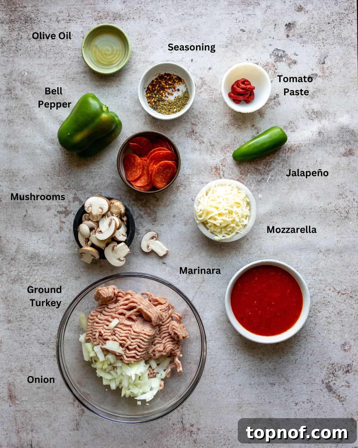 Ingredients need to make this recipe on a counter with bowls and plates.