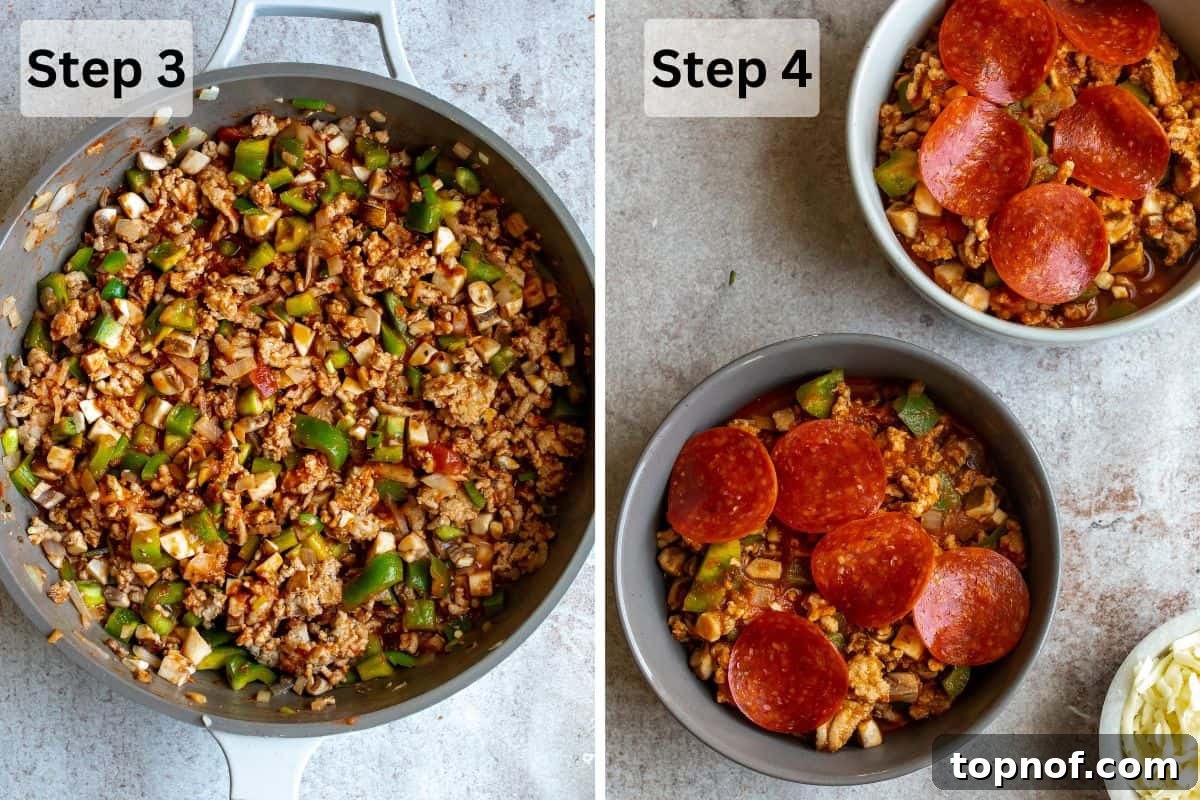 Meat sauce in a gray skillet and bowls with pepperonis.