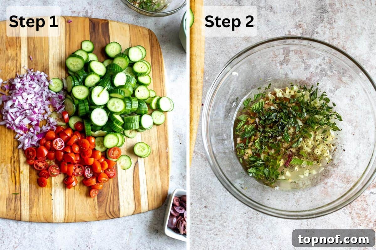 Mediterranean Cucumber Delight 4 Preparing Mediterranean cucumber salad, showing freshly cut vegetables on a cutting board and the dressing being mixed in a bowl.