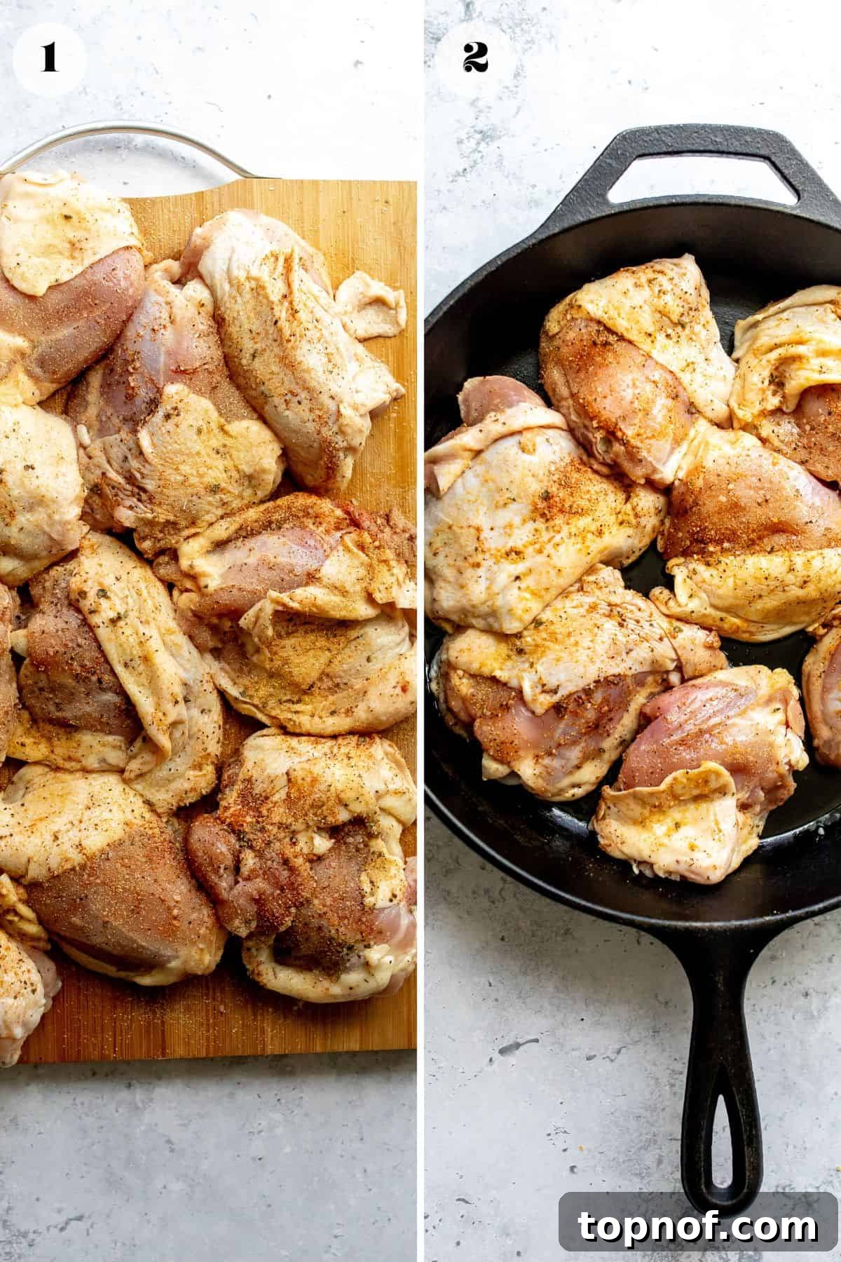 Glazed BBQ Chicken Thighs 4 Chicken thighs rubbed with seasonings and arranged in a skillet, ready for baking.