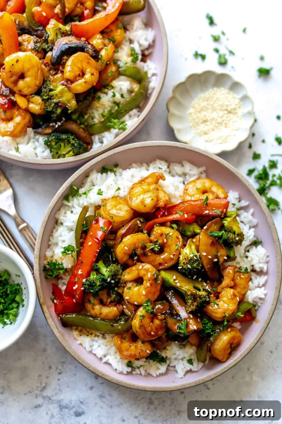 Teriyaki Glazed Shrimp Skillet 2 Two vibrant bowls of Teriyaki Shrimp Stir Fry with rice, garnished and ready to be enjoyed, with a fork resting in one bowl.