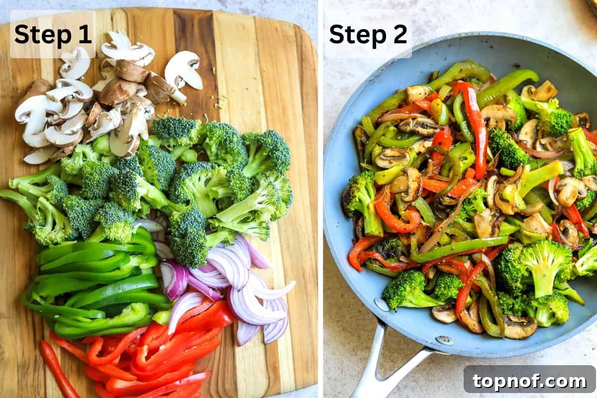 Teriyaki Glazed Shrimp Skillet 4 Freshly chopped vegetables, including bell peppers, broccoli, and mushrooms, neatly arranged on a wooden cutting board, alongside vegetables actively sautéing in a grey skillet.