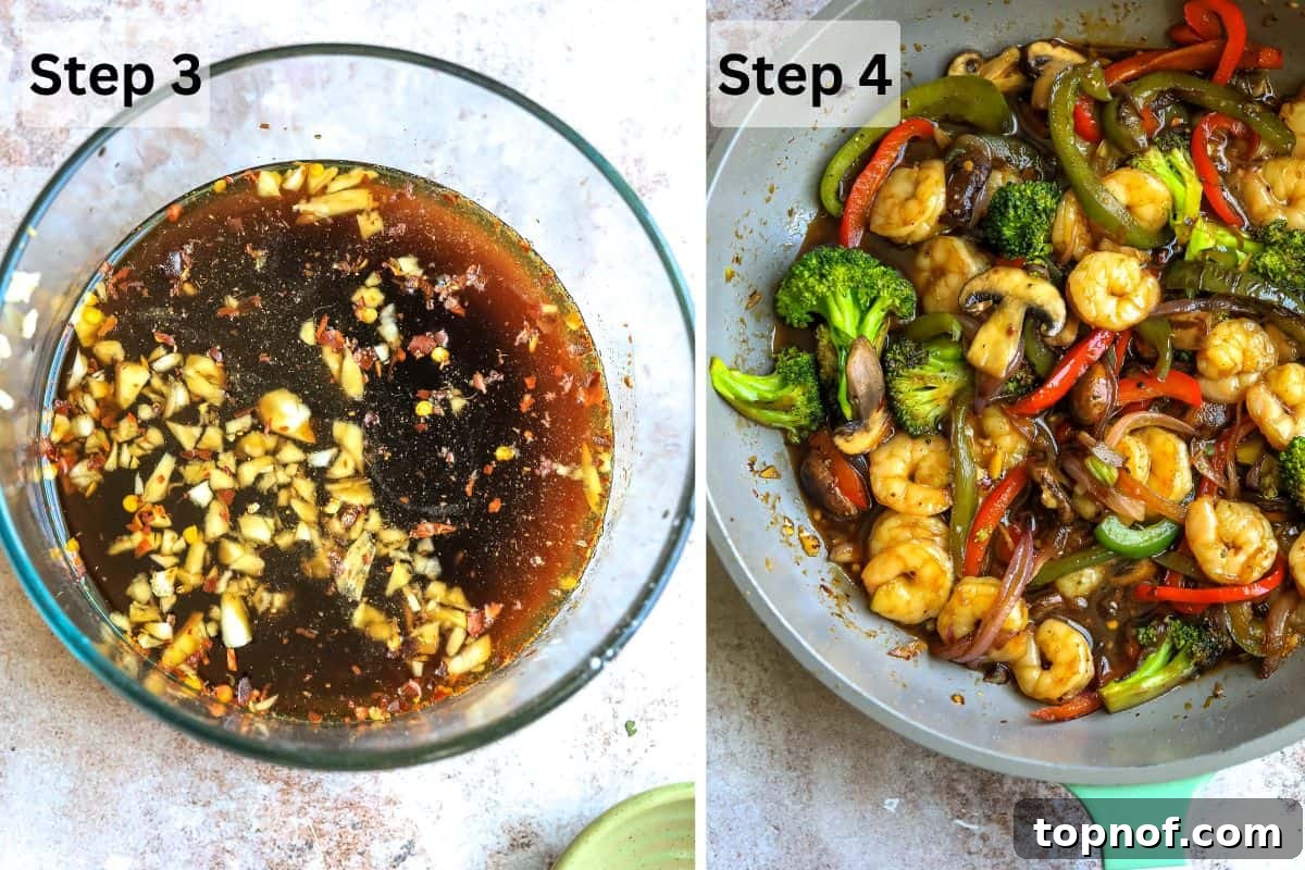 Teriyaki Glazed Shrimp Skillet 5 Homemade teriyaki sauce in a small ceramic bowl next to a large grey skillet filled with cooked shrimp, colorful vegetables, and the rich, glossy teriyaki sauce, ready to be tossed.