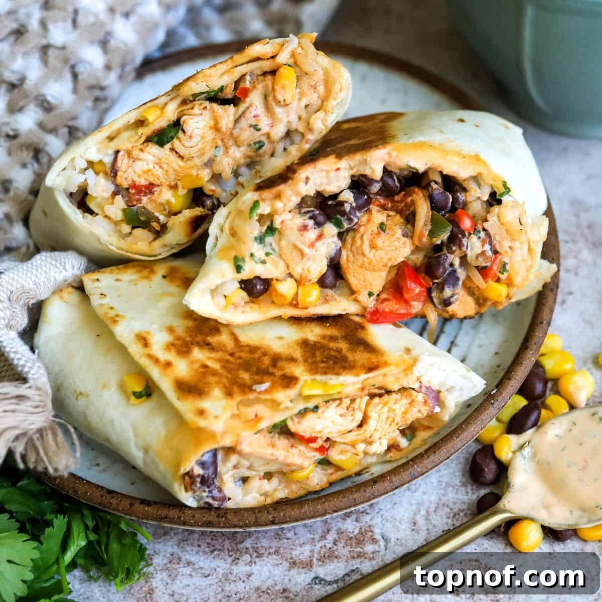 Zesty Southwest Chicken Wrap 2 Ceramic plate with southwest wraps on it and sauce.