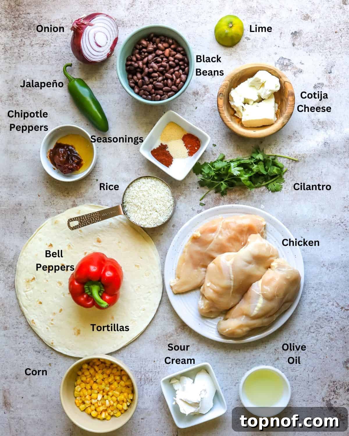 Zesty Southwest Chicken Wrap 3 Chipotle chicken wrap ingredients needed for this recipe in small bowls and on plates.