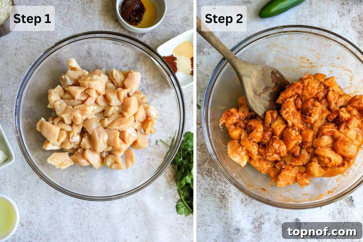 Zesty Southwest Chicken Wrap 4 Chicken marinating in chipotle sauce in a clear glass bowl.