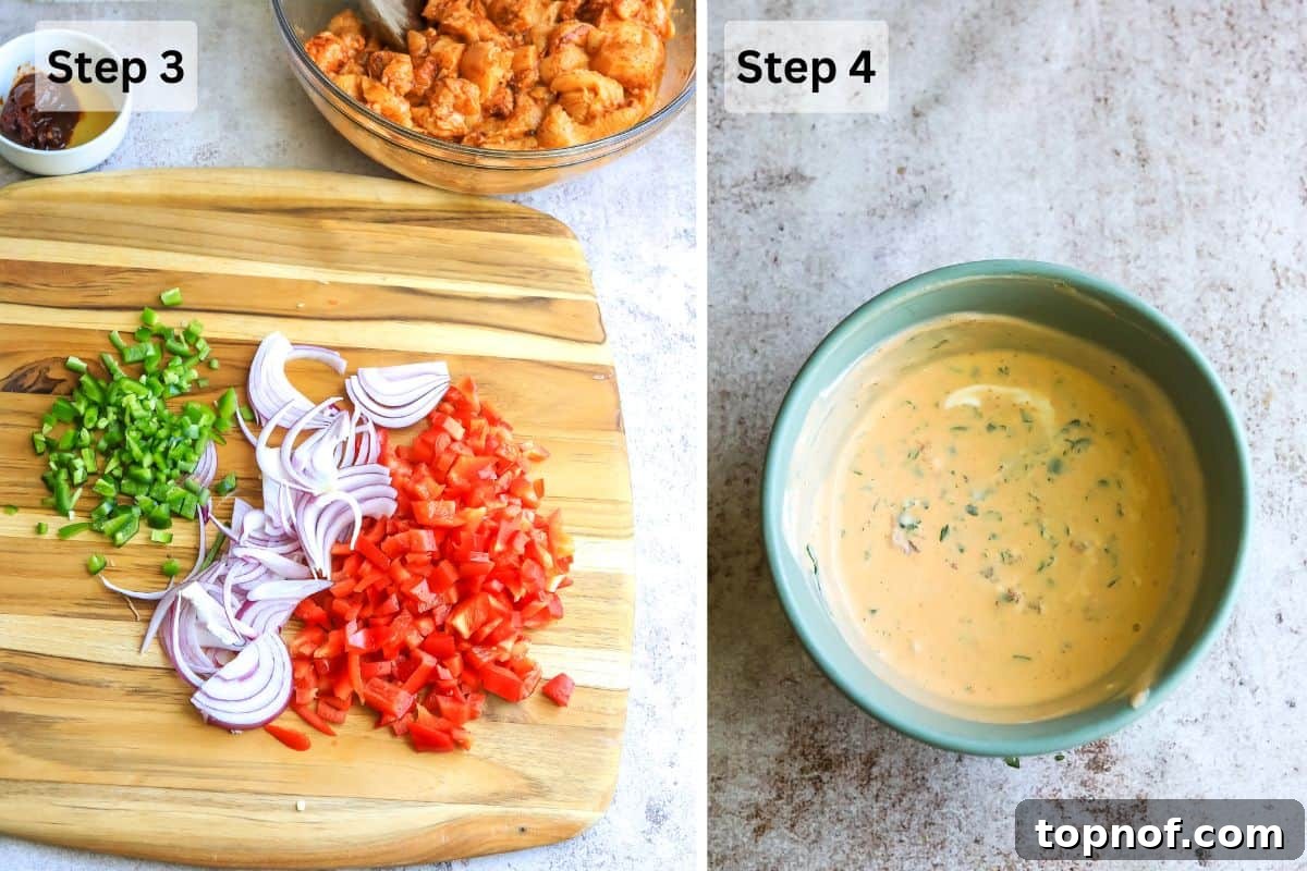 Zesty Southwest Chicken Wrap 5 Chipotle chicken wrap steps on a cutting board.