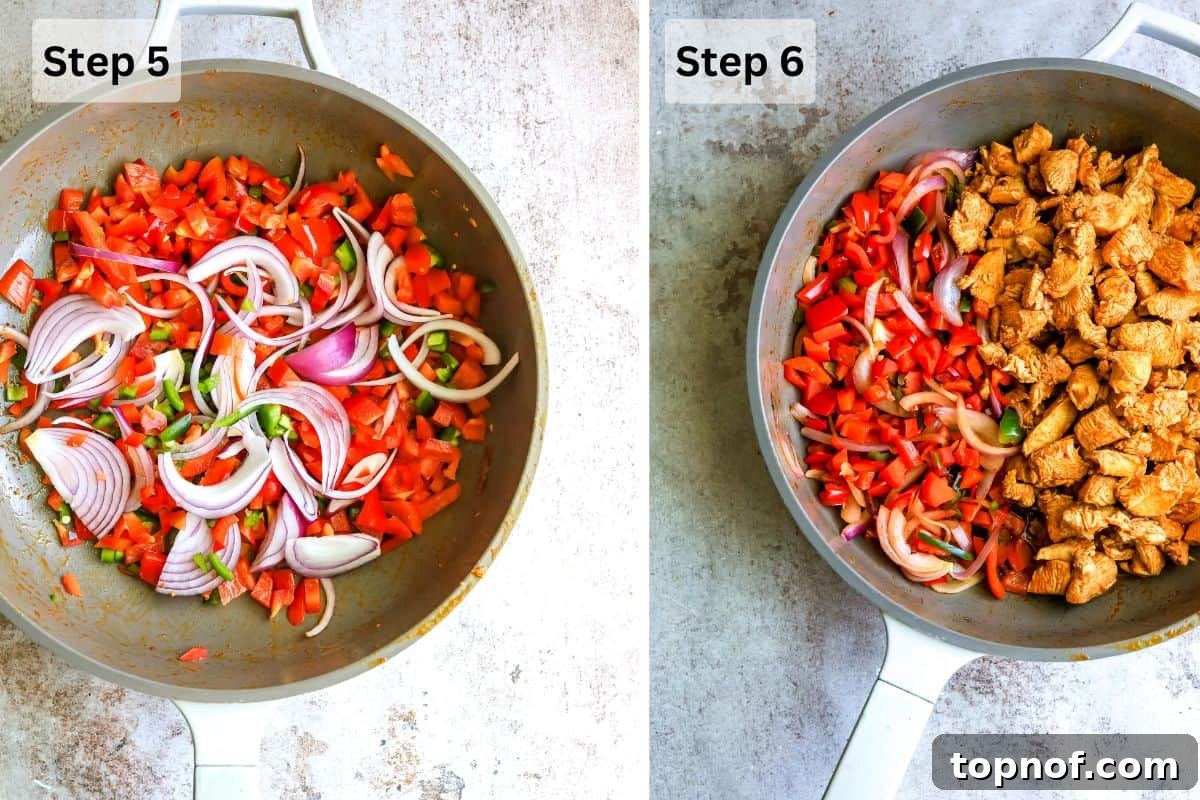 Zesty Southwest Chicken Wrap 6 Grey skillet with diced veggies in it.