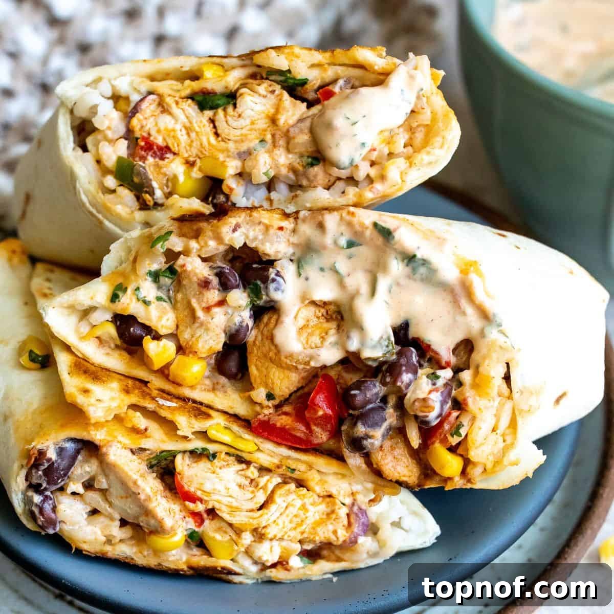 Zesty Southwest Chicken Wrap 7 Wraps on a grey plate up close with beans and sauce.