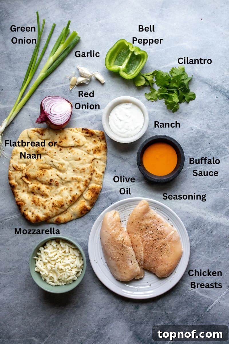 Signature Buffalo Chicken Flatbread 3 Ingredients needed for buffalo chicken flatbread, neatly arranged on small plates and bowls on a grey kitchen counter.
