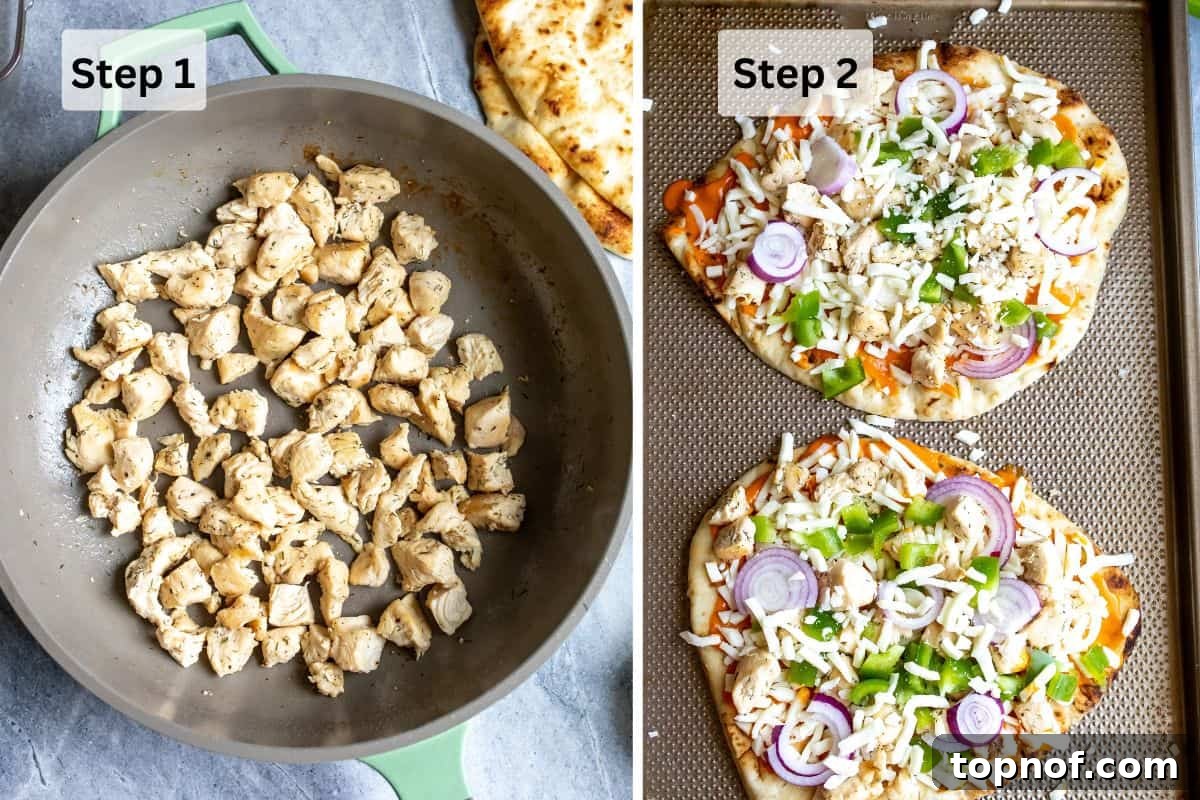 Signature Buffalo Chicken Flatbread 4 Step-by-step photos showing chicken cooking in a skillet and flatbread assembled on a baking sheet, ready for the oven.