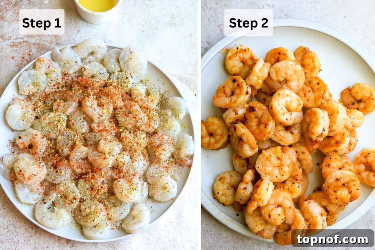 Zesty Lemon Pepper Shrimp 4 Two plates showing the shrimp: one with raw, seasoned shrimp and another with perfectly cooked, golden pink seasoned shrimp.