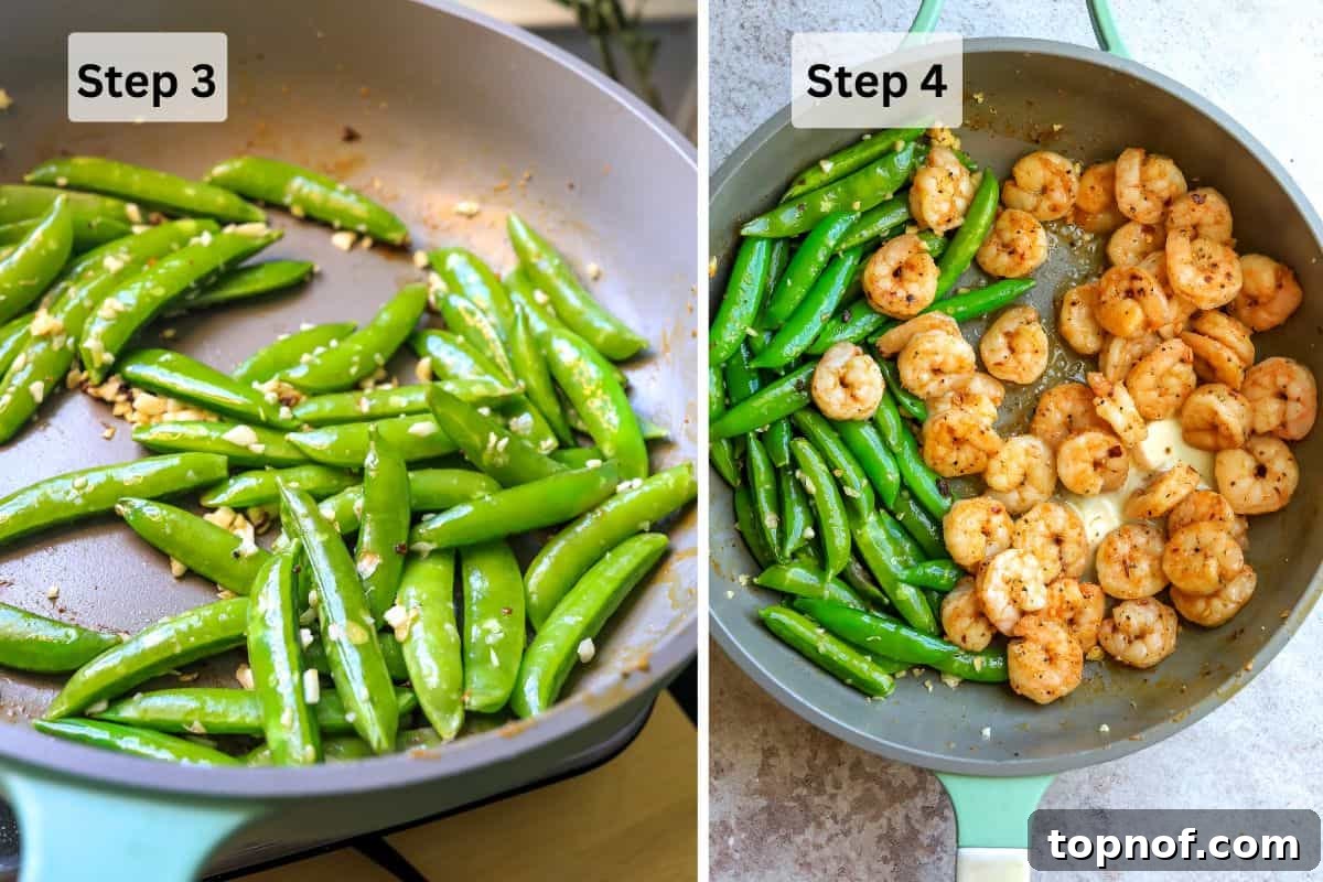 Zesty Lemon Pepper Shrimp 5 Sugar snap peas and minced garlic sizzling in a skillet, preparing to be combined with the cooked shrimp.
