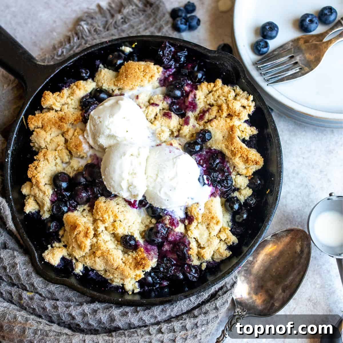 Luscious Gluten-Free Blueberry Cobbler 2 Black cast iron skillet filled with golden-brown gluten-free blueberry cobbler, topped with melting vanilla ice cream.
