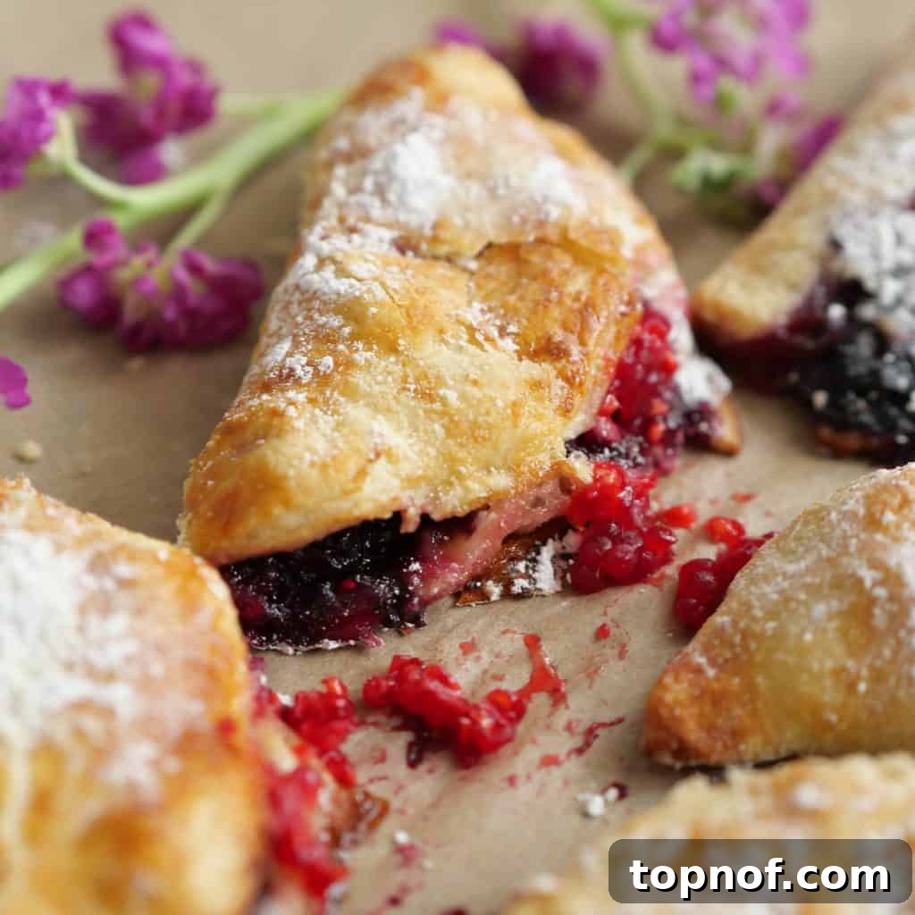 Effortless Blueberry Puffs 2 Easy Blueberry Turnovers up close, showcasing their golden-brown, flaky crust.