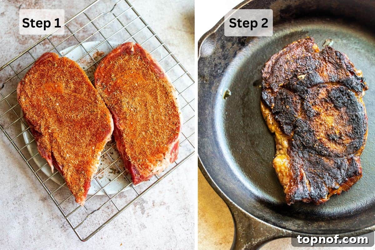Charred Cajun Steak 4 The initial steps to make blackened steak: a raw steak coated in seasoning, next to a hot cast iron skillet ready for cooking.