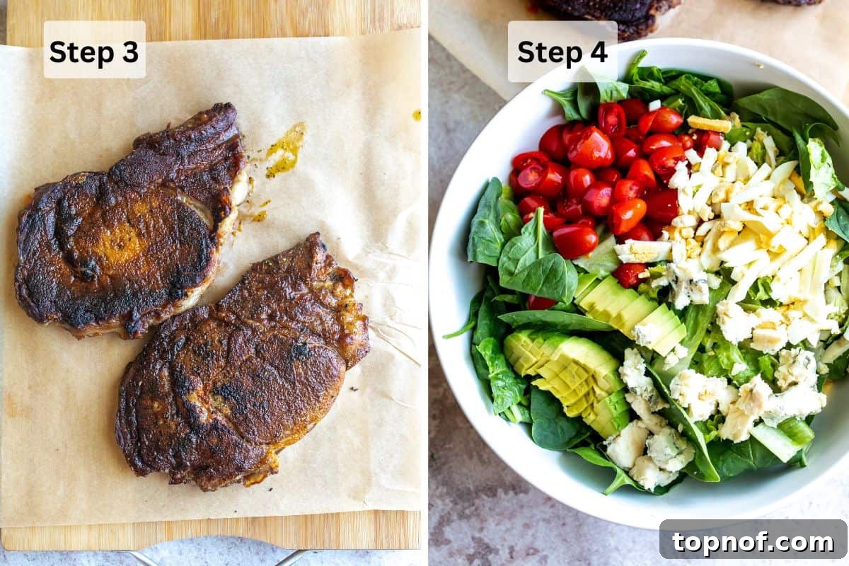 Charred Cajun Steak 5 Further steps in the recipe process, showing a perfectly cooked blackened steak resting on a cutting board, adjacent to a large white bowl filled with a salad.