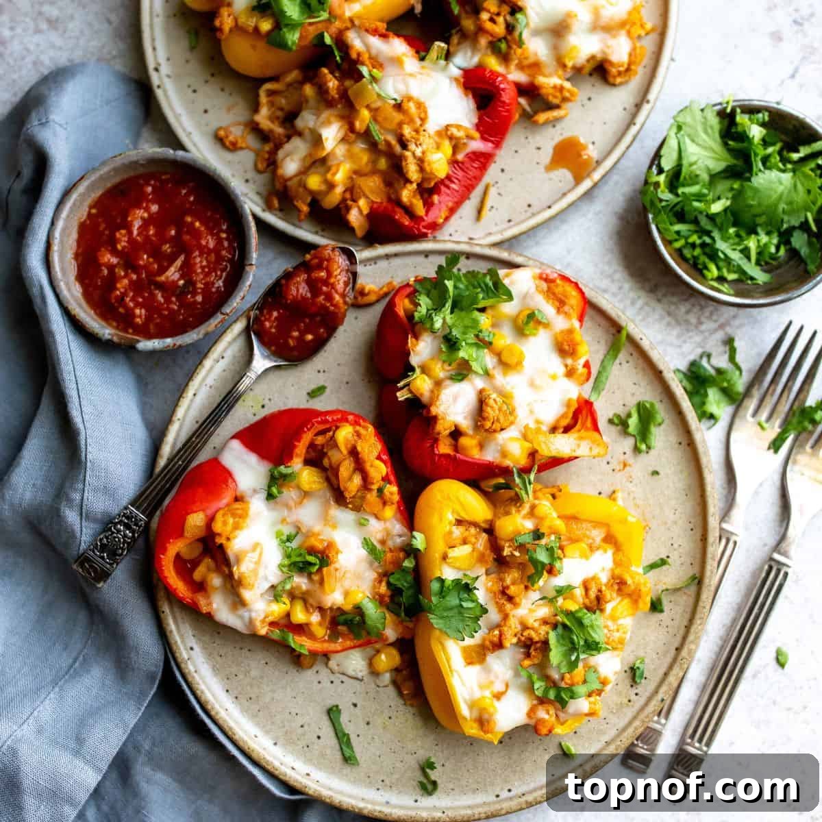 Flavorful Chicken Stuffed Bell Peppers 2 Ground chicken stuffed peppers on plates on a counter, garnished with fresh cilantro.