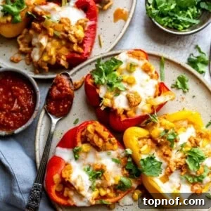 Up close plate with chicken stuffed peppers, garnished.