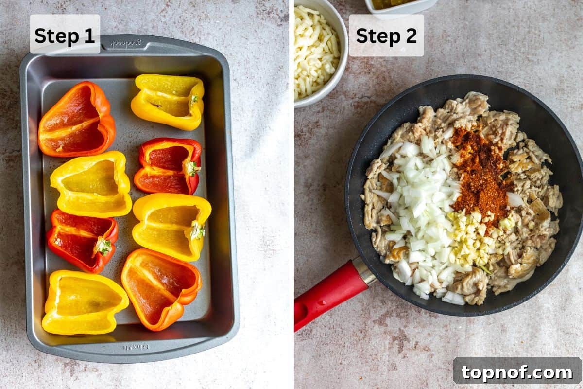 Flavorful Chicken Stuffed Bell Peppers 4 A step-by-step image showing sliced bell peppers on a baking sheet and a skillet with browning ground chicken mixture.
