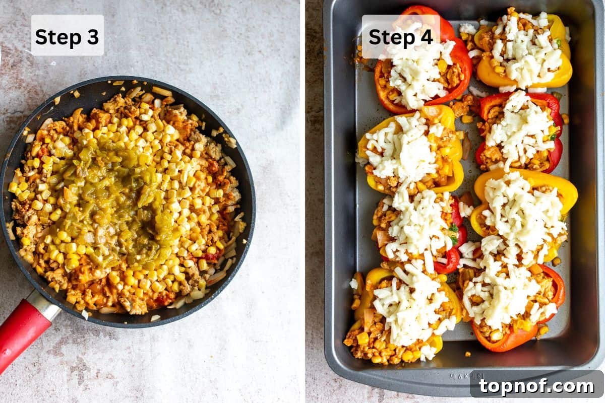 Flavorful Chicken Stuffed Bell Peppers 5 Steps to make stuffed peppers in a skillet with chiles and a baking sheet with peppers ready for stuffing.