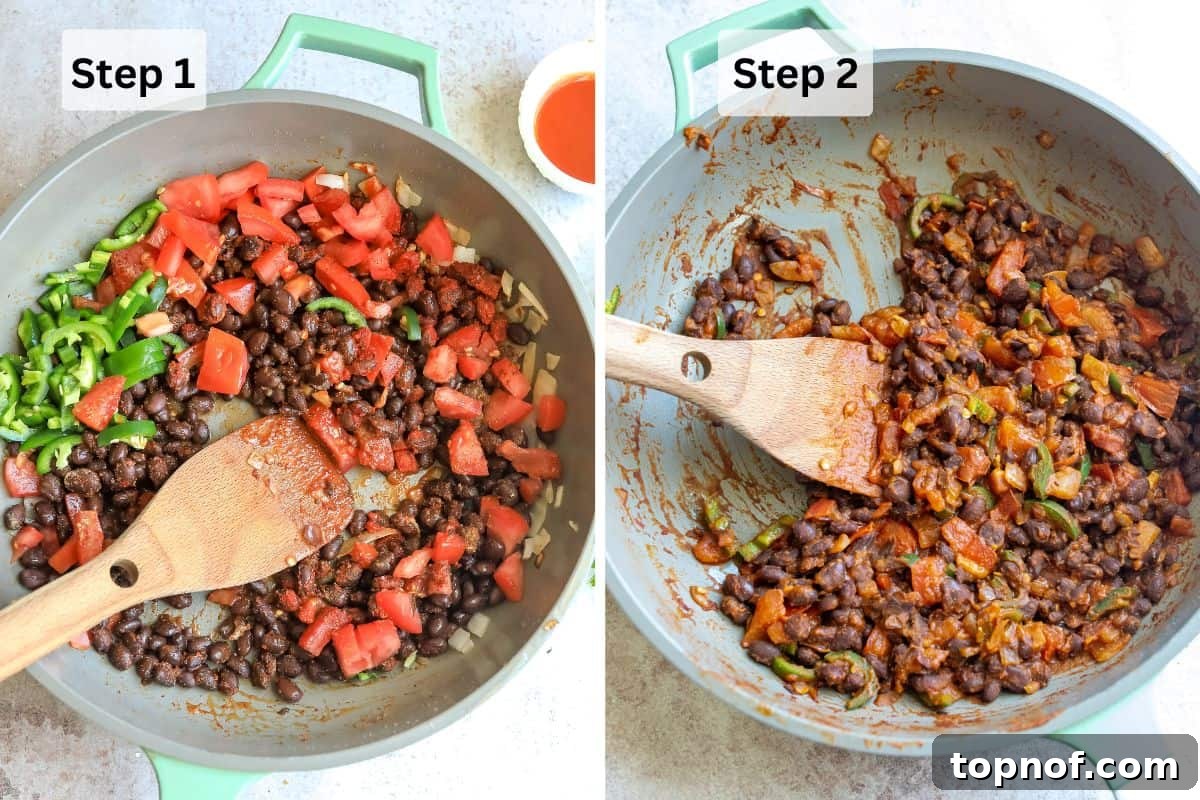 Sautéing onions and spices in a skillet as the first step for the black bean mixture.