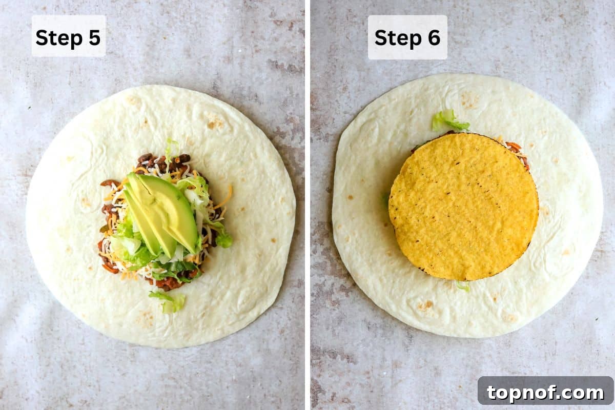 Adding fresh lettuce, avocado, and a crispy tostada to the tortilla layers.