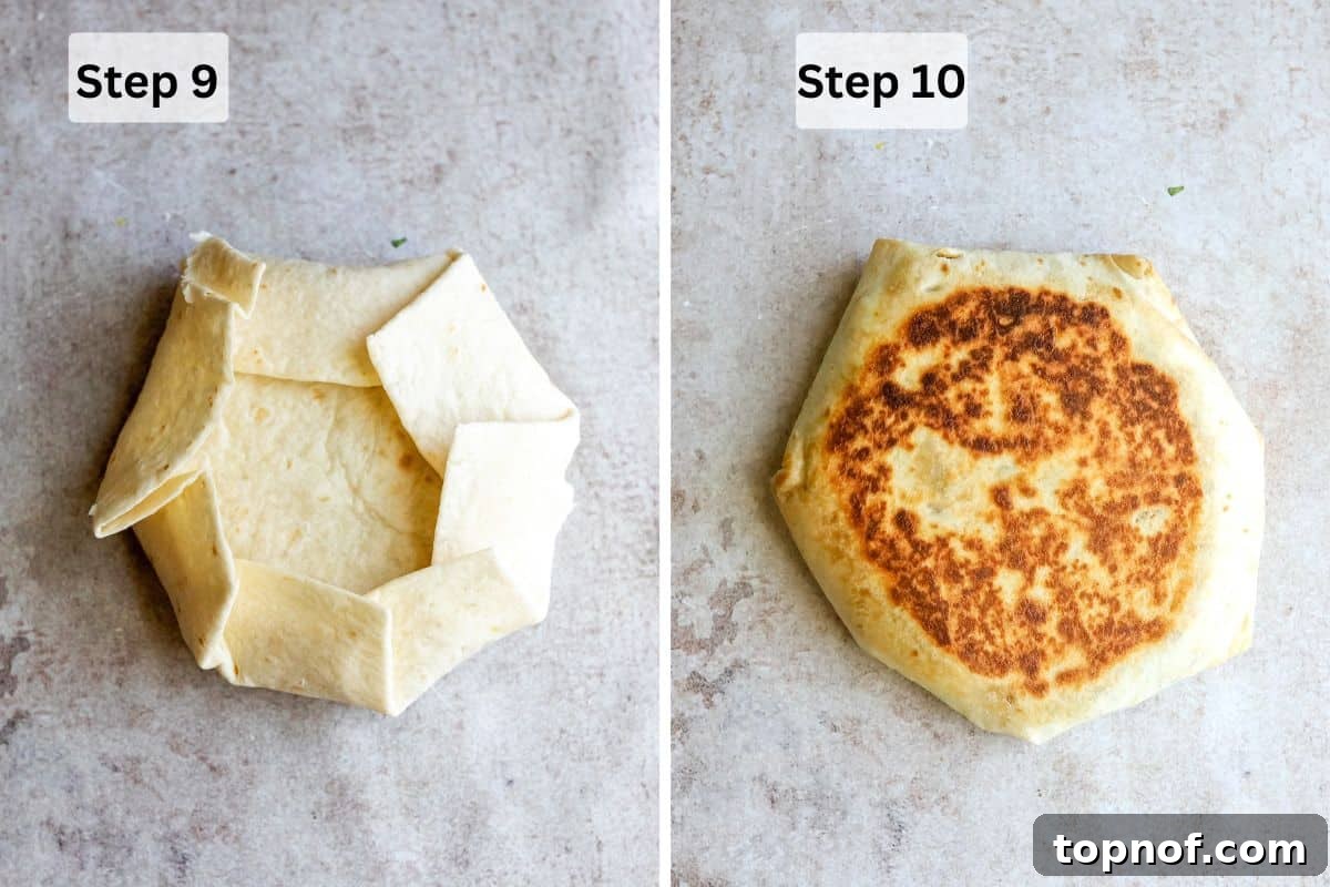 A freshly pan-fried black bean crunchwrap supreme cut in half, showcasing the layers of filling.