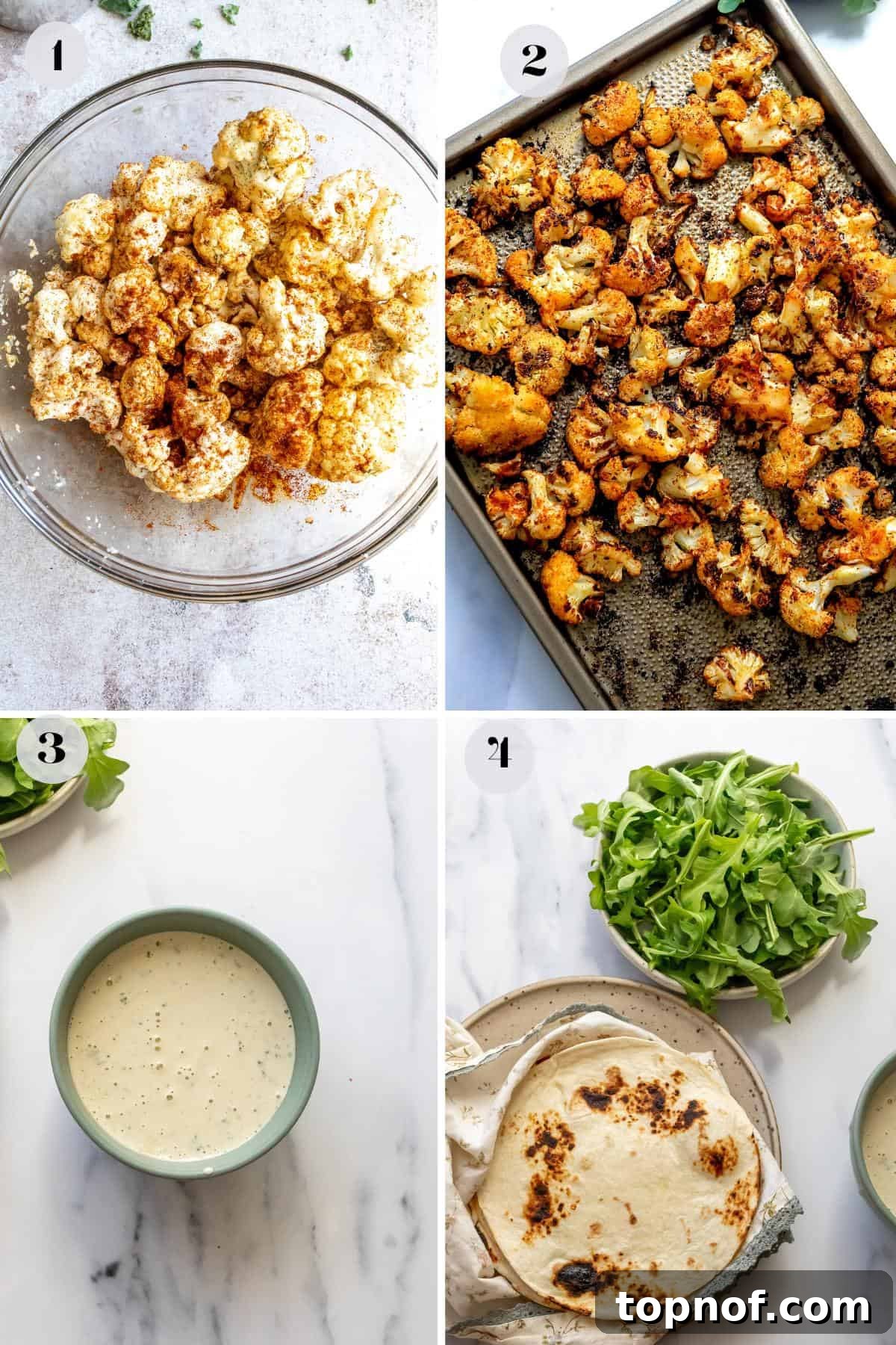 Step-by-step photos illustrating the seasoning of cauliflower in a glass bowl and its preparation on a baking sheet before roasting.