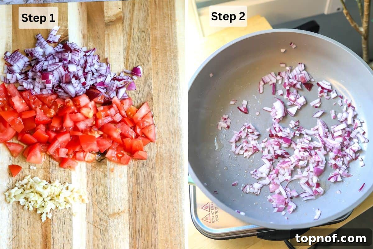 Golden-Crisp Black Bean Tacos 4 A culinary collage displaying freshly chopped vegetables on a cutting board next to a skillet with sautéing onions.