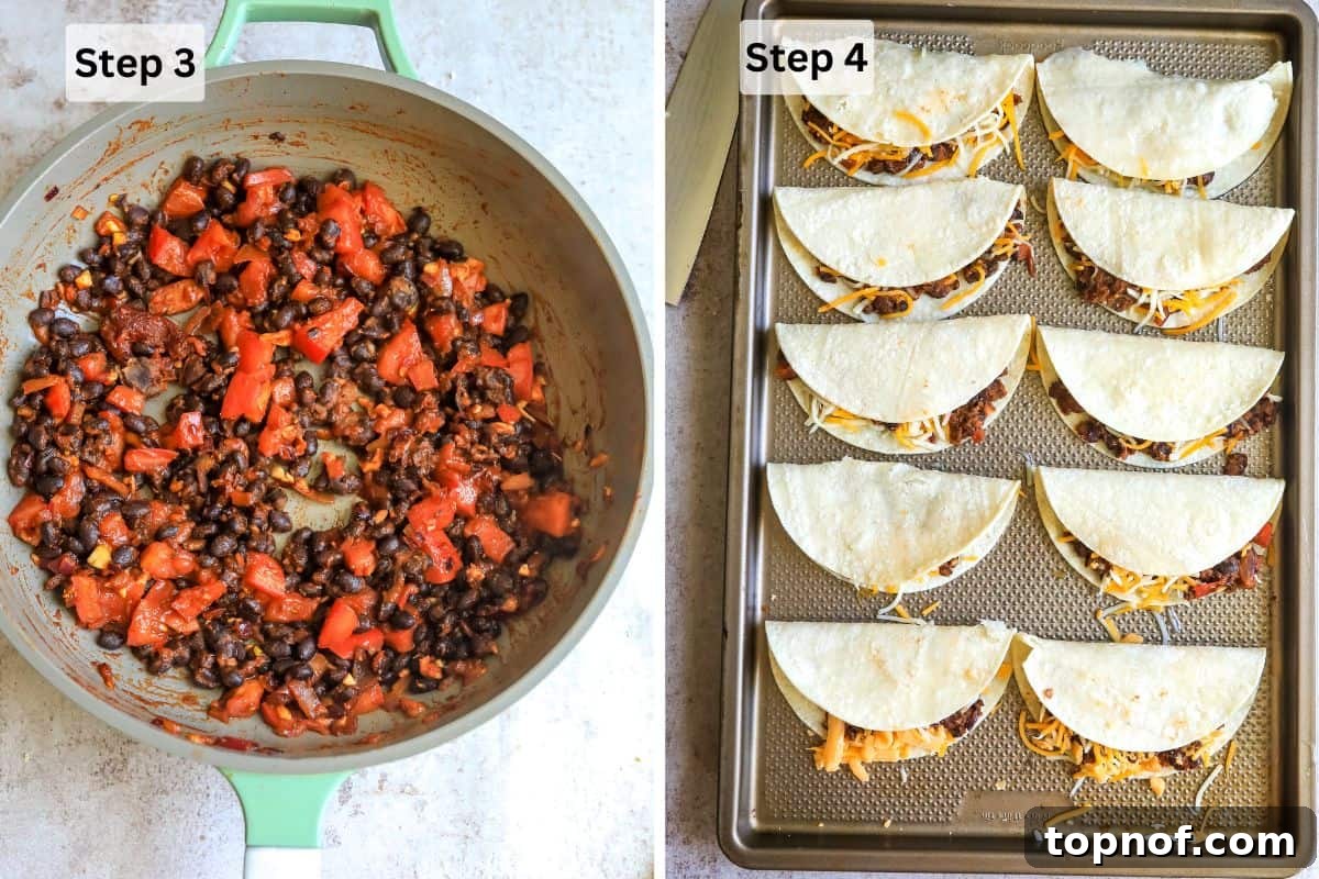 Golden-Crisp Black Bean Tacos 5 A dynamic collage showcasing the rich black bean filling in a skillet and a baking sheet laden with freshly prepared crispy tacos.