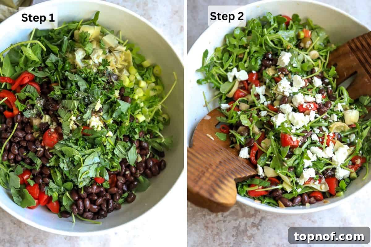 Zesty Mediterranean Black Bean Bowl 4 Steps to make this recipe in a white ceramic bowl with salad serving utensils. The ingredients are already combined.