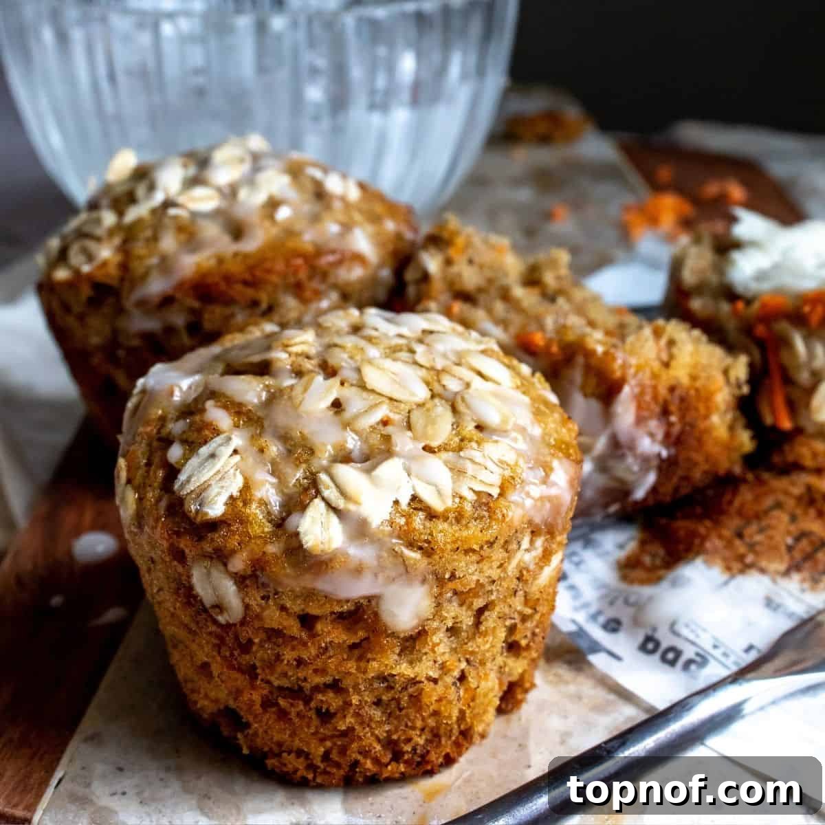 Wholesome Carrot Patch Muffins 2 Carrot Cake Muffins up close on a cutting board, showcasing their moist texture and golden-brown tops.