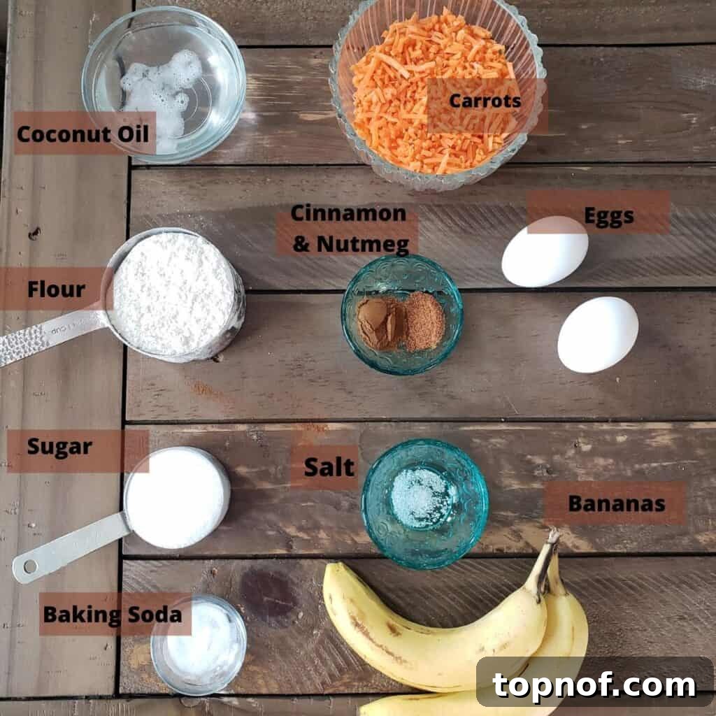 Wholesome Carrot Patch Muffins 3 Ingredients for carrot cake muffins, neatly laid out on a kitchen counter.