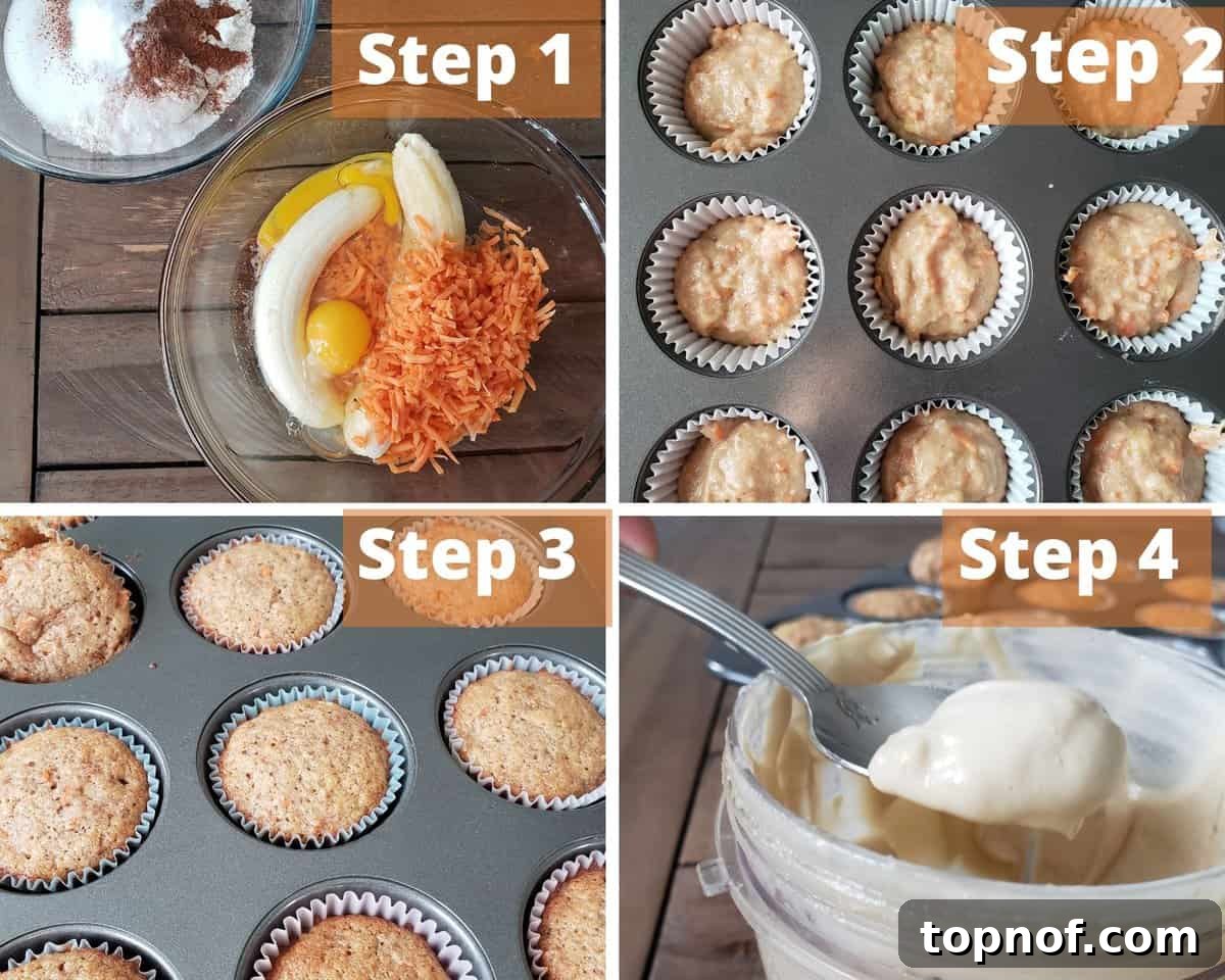 Wholesome Carrot Patch Muffins 4 Step-by-step process photos for baking carrot cake muffins, showing batter and filled muffin tins.
