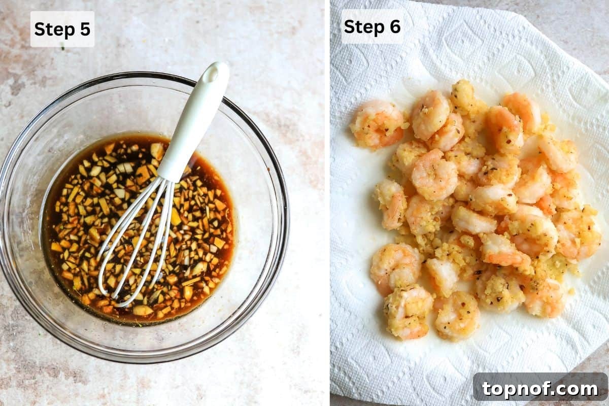 Glass bowl with sauce and garlic and shrimp on a paper towel. 