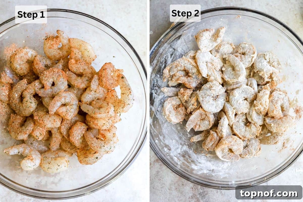 Golden Crunchy Panko Shrimp 4 Glass bowls containing raw seasoned shrimp, egg wash, and panko breadcrumbs, illustrating the breading process.
