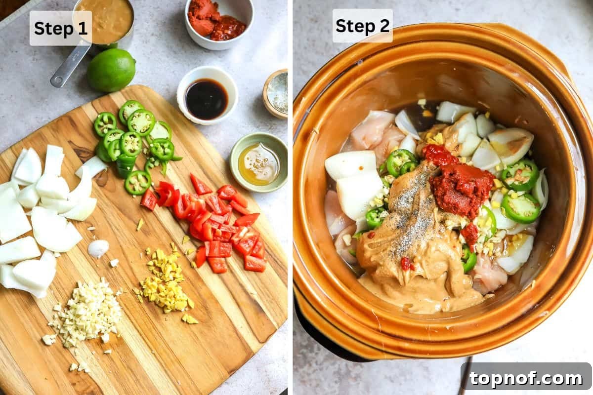 Creamy Slow Cooker Satay Chicken 4 A vibrant cutting board with freshly chopped vegetables like bell peppers, onions, and ginger, next to a slow cooker with chicken and other ingredients already inside, ready for the cooking process to begin.