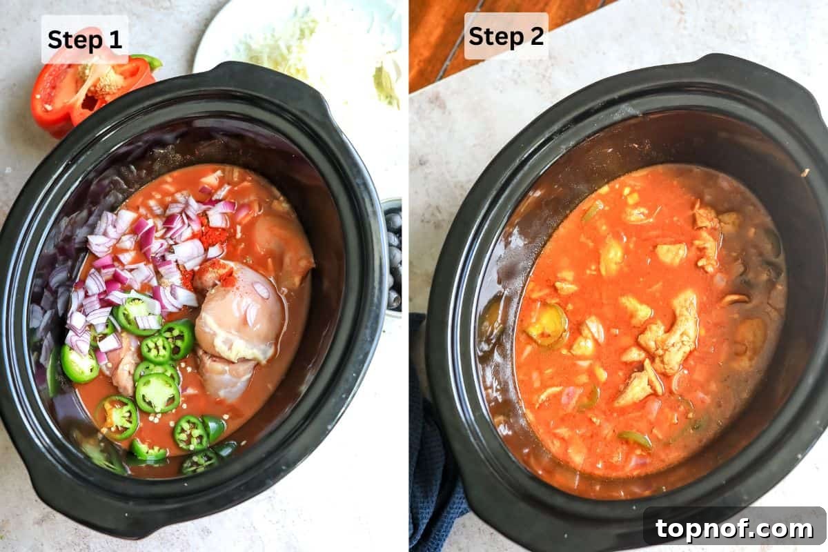 Melt-In-Your-Mouth Slow Cooker Chicken Enchiladas 4 Black crock pot with ingredients in it.